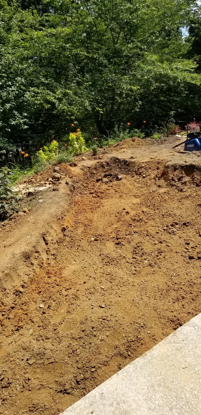 Prepared base area for flagstone walk with pea gravel joints, view 4