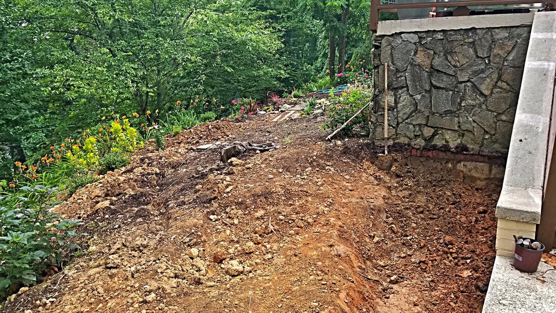 Flagstone walk area before pea gravel joint installation, view 5