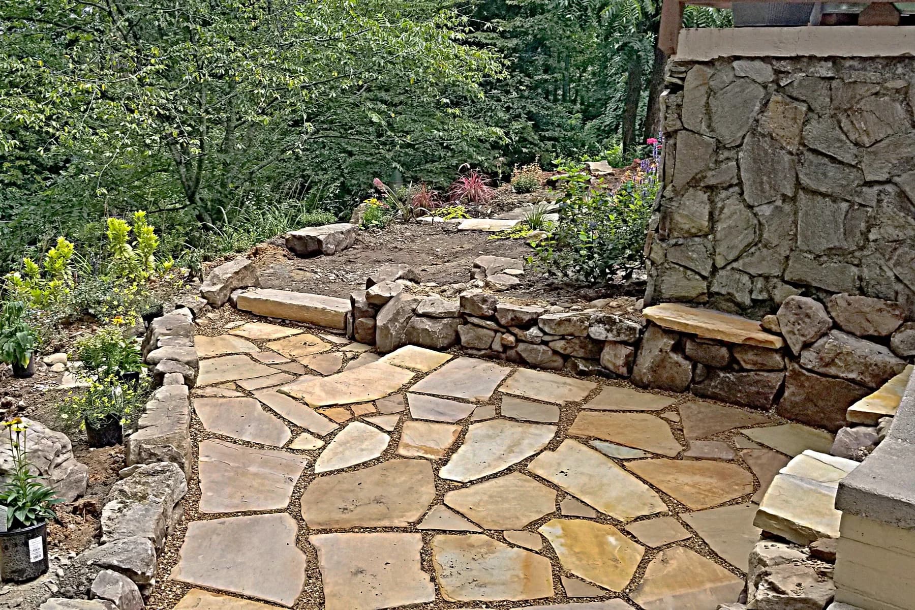 Finished flagstone walk with pea gravel joints and stone edge