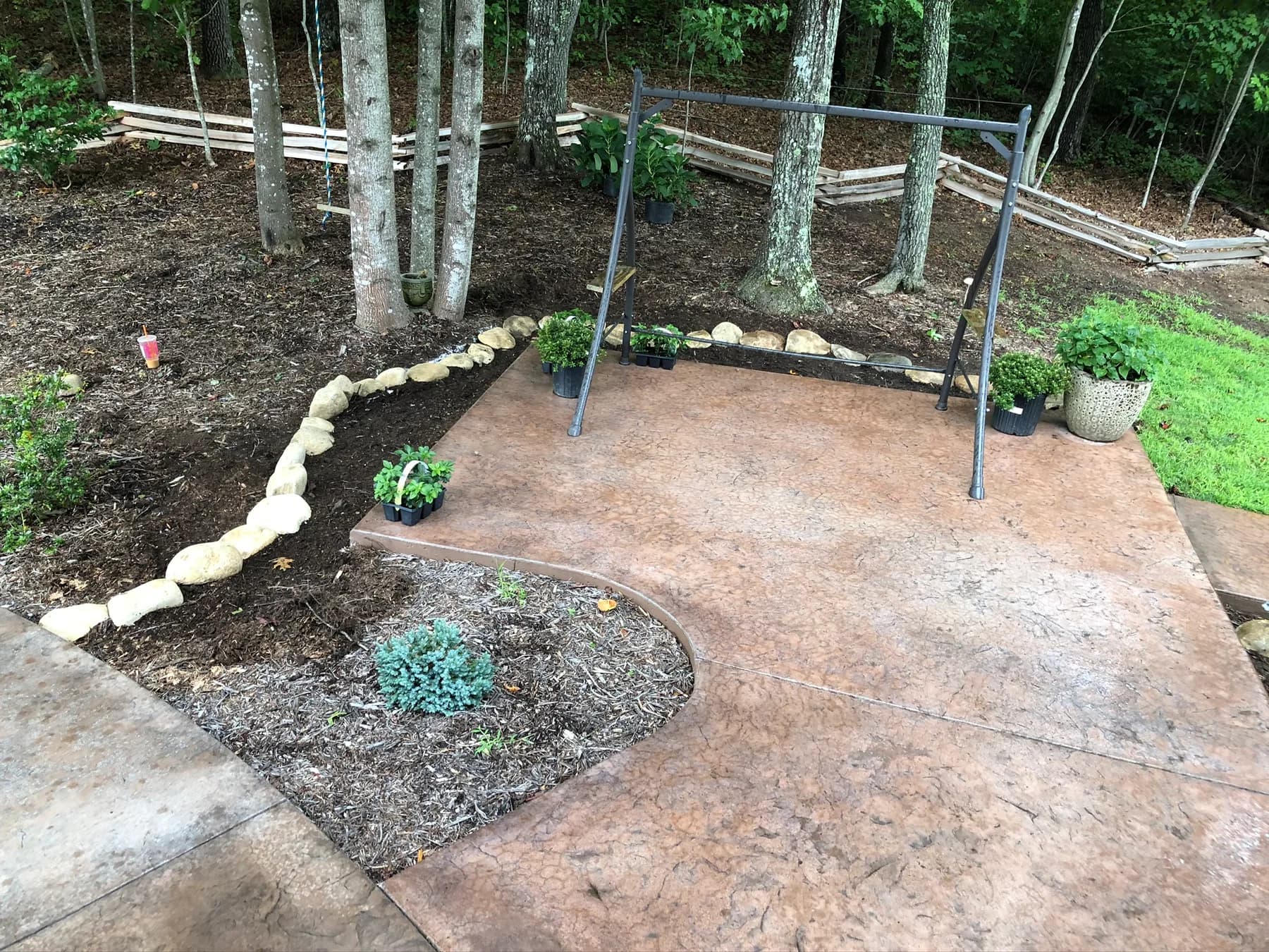 Mountain flagstone walk site before mortared stone installation, view 1