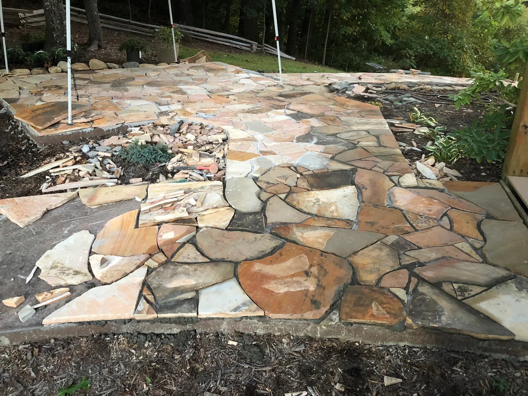 Mortared flagstone walk with landing and edge work in progress, view 9