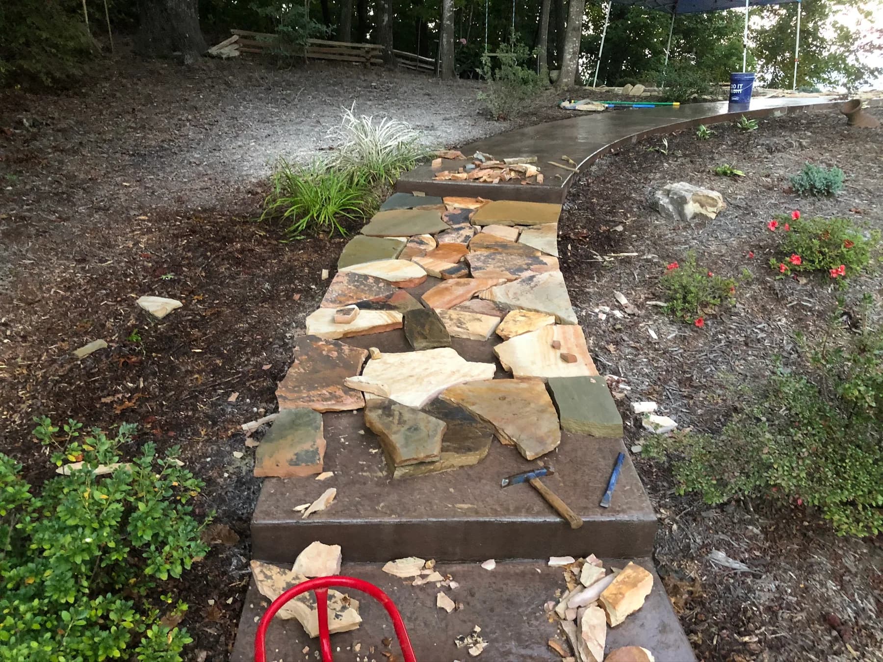 Mortared flagstone step and walkway transition in progress