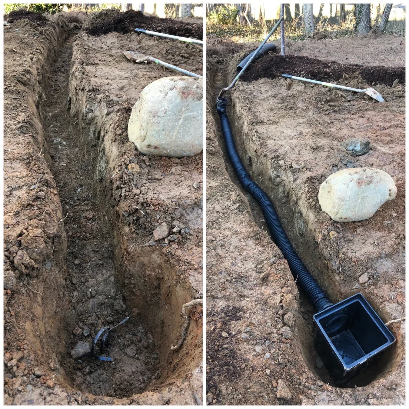 Drainage trench and corrugated pipe routing before backfill, view 2